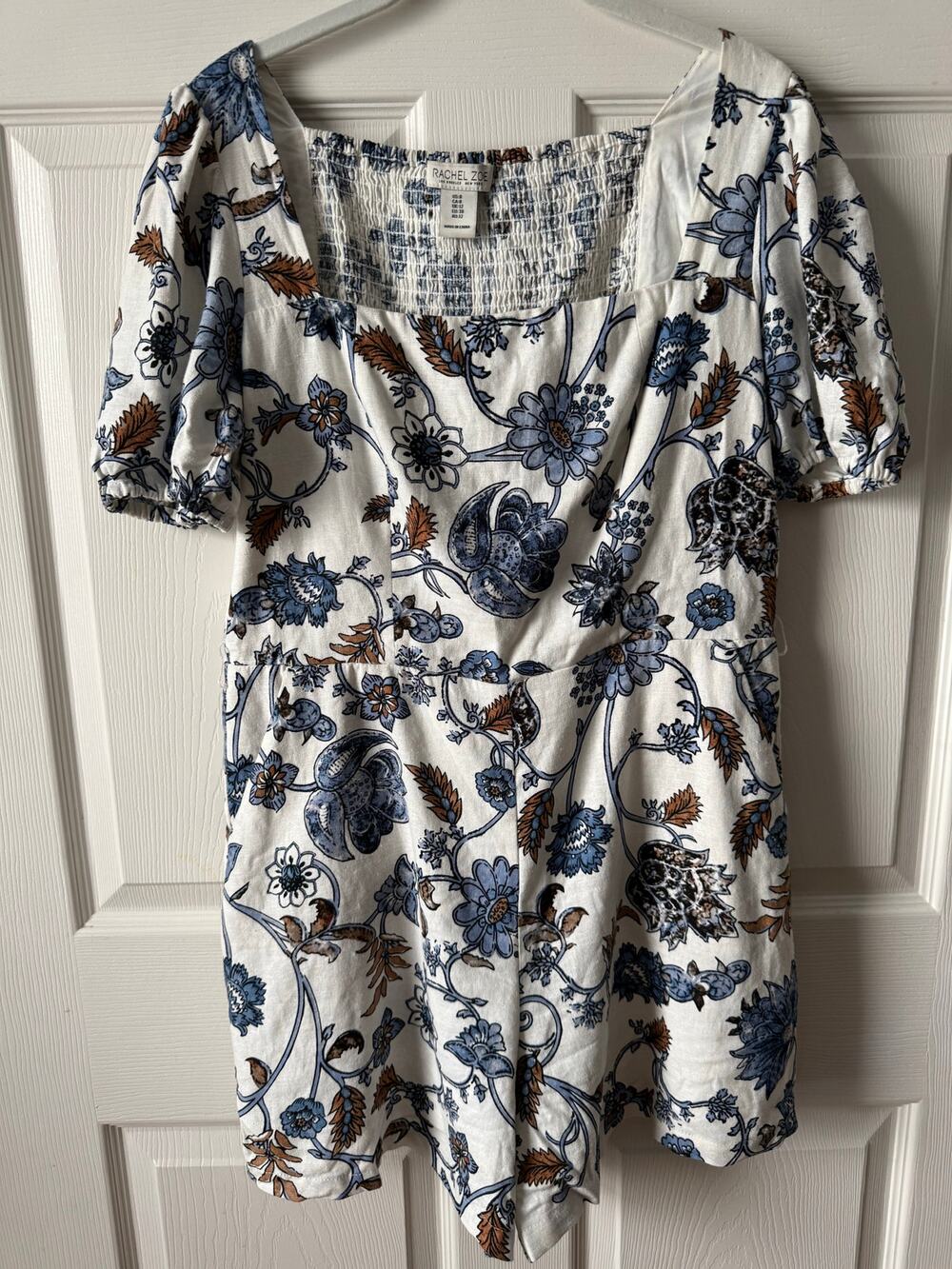 Rachel Zoe Floral Linen Blend Milkmaid Romper Size 8 Coastal Brunch Breezy